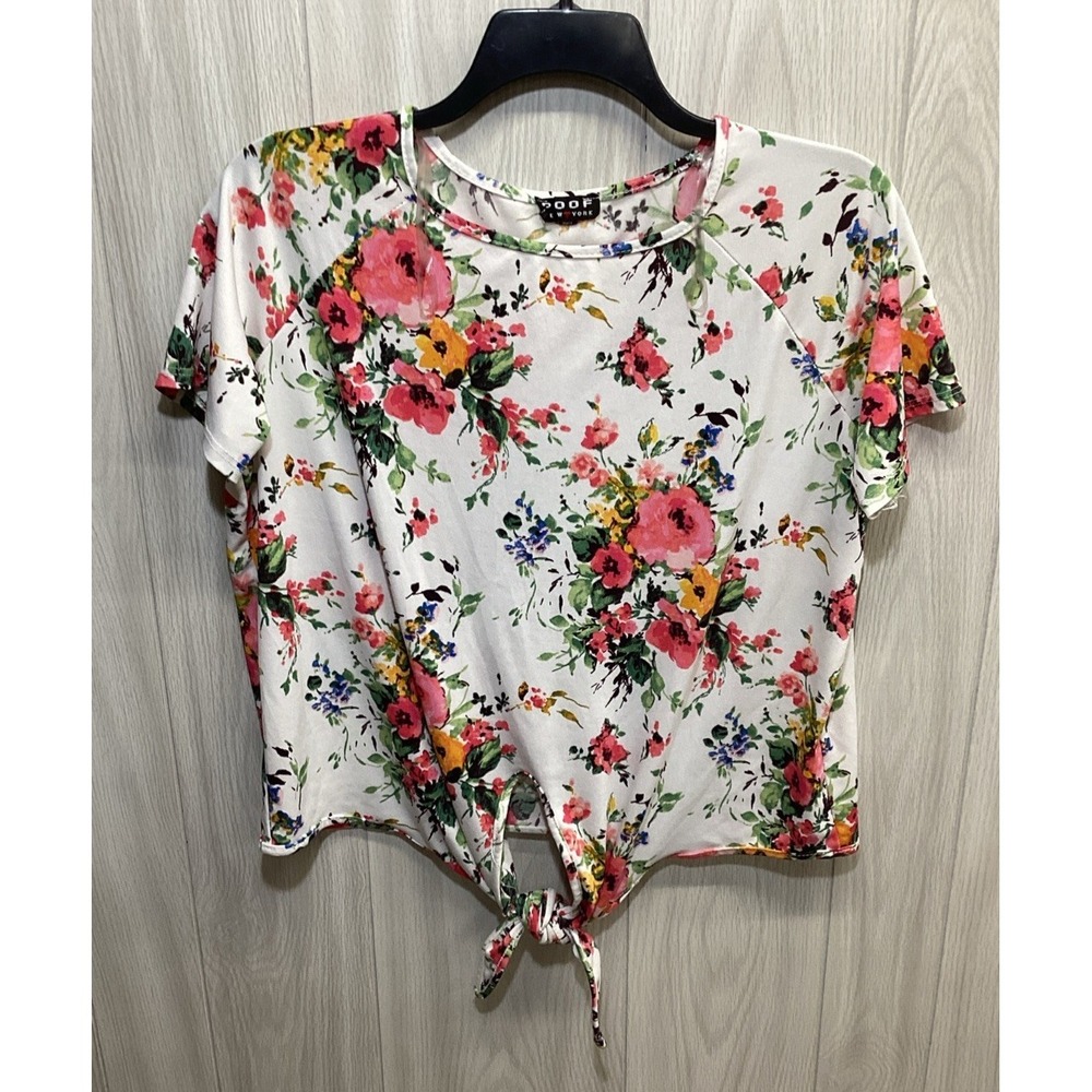 POOF Women's‎ (Size 2X) Short Sleeve Round Neck Tied Hem Shirt Poly Stretch